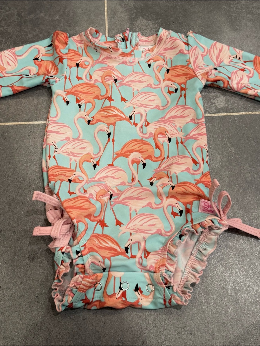 Ruffle Butts Pink & Aqua Flamingo Ruffle One-Piece